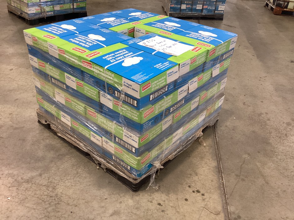 <p>Pallet containing large quantities of staples reems of paper, 32xboxes a