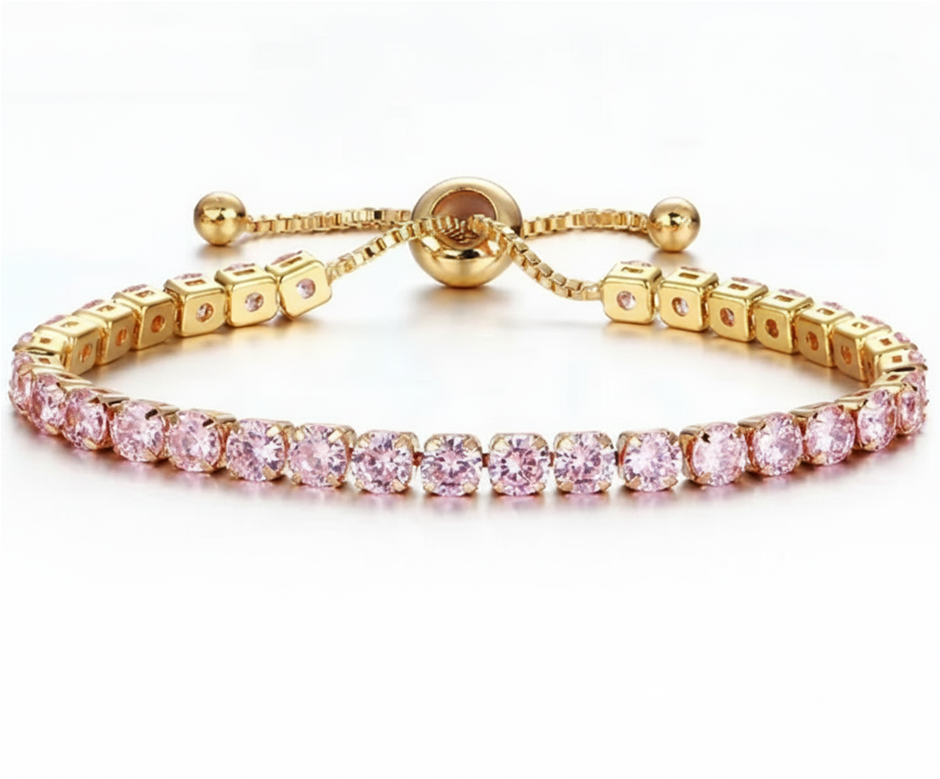 925 Sterling Silver Tennis Bracelet Pink Simulated Diamonds-adjustable