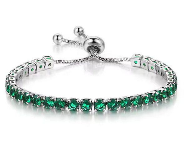 925 Sterling Silver Tennis Bracelet  Green Simulated Diamonds-adjustable