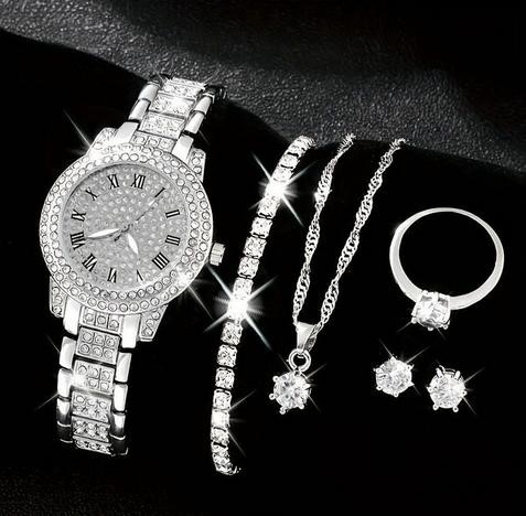 6-Piece Set.Watch, Necklace, Bracelet, Ring & Earrings(Box Included)