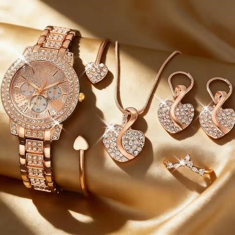 6-Piece Set.Watch, Necklace, Bracelet, Ring & Earrings(Box Included)