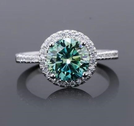 2.0ct GRA Moissanite Blue green Stones 18k White Gold Vermeil Ring -7US