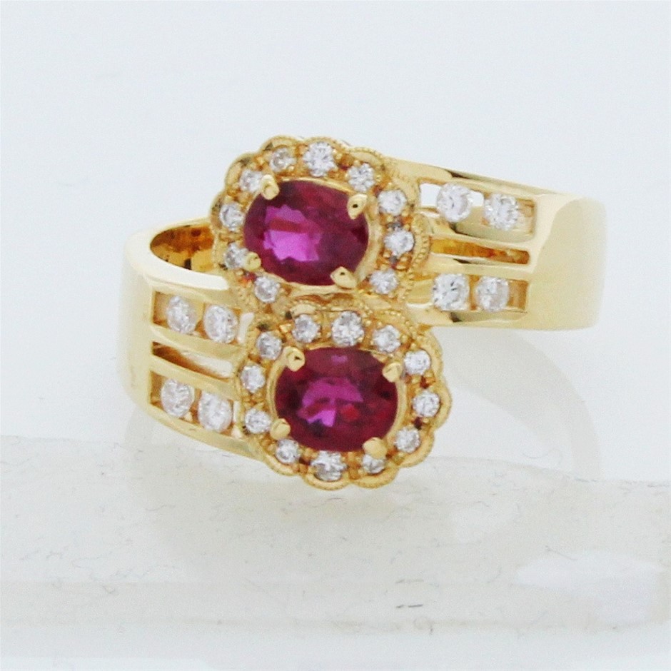 18ct yellow gold  Diamond and Ruby dress ring, narrow, low half round