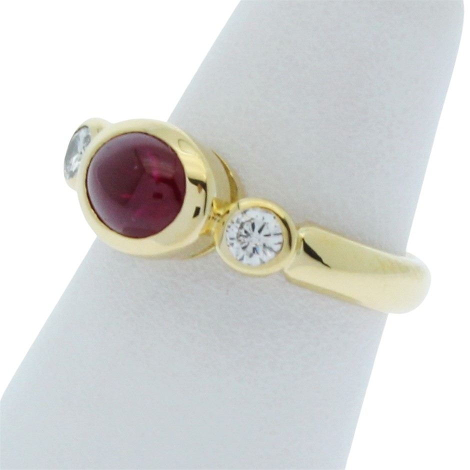 18Ct Yellow Gold Diamond Ruby Dress Ring Narrow Half Round Shank Polished J