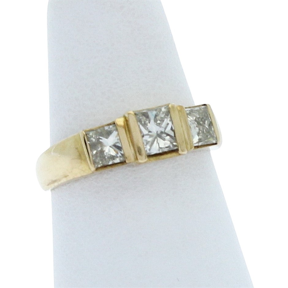 18Ct Yellow Gold Three Diamond Ring Tapered Shank Open Back SizeK½ Polished