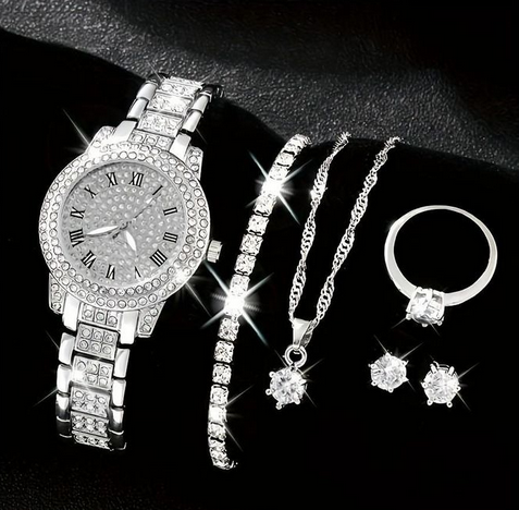 6-Piece Jewellery Set.Watch, Necklace, Bracelet, Ring & Earrings(Gift Box