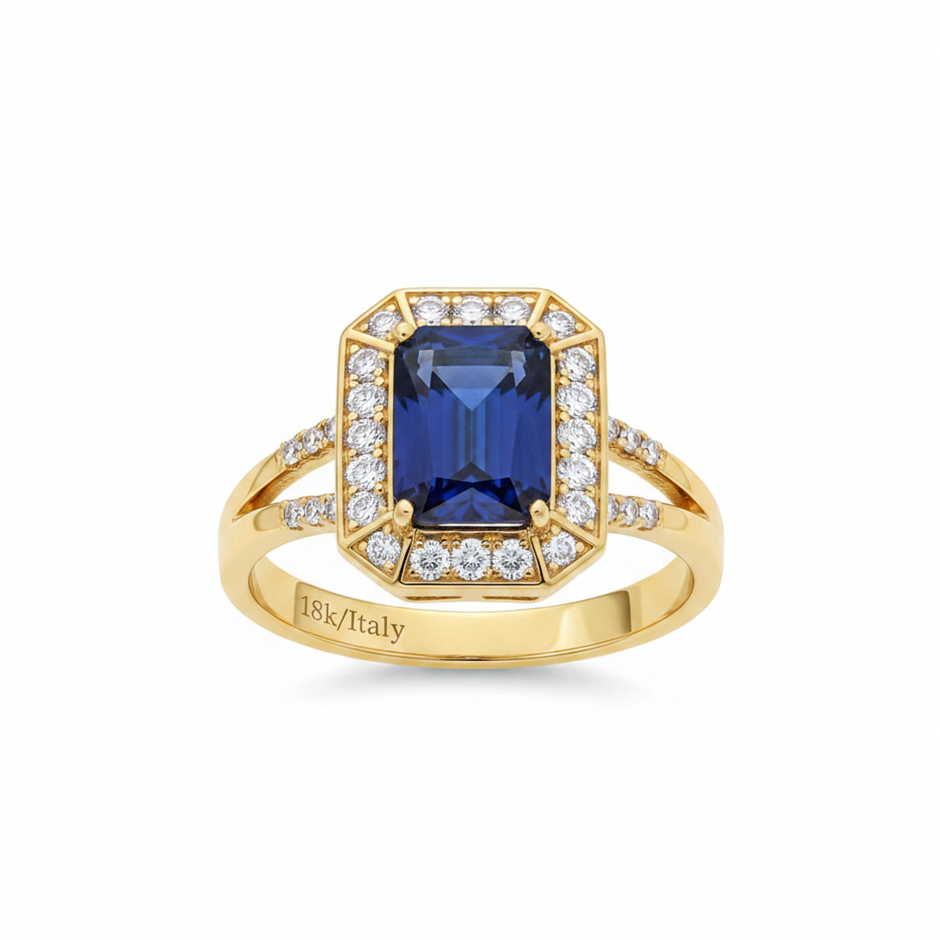 18K/Italy 8.0ct Blue Emerald Cut Yellow Gold Filled Ring(stamped)-9US