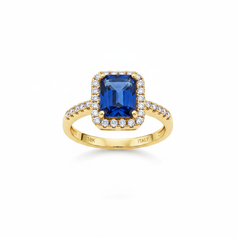 18K/Italy 2.5ct Blue Emerald Cut  Yellow Gold Filled Ring(stamped)-9US