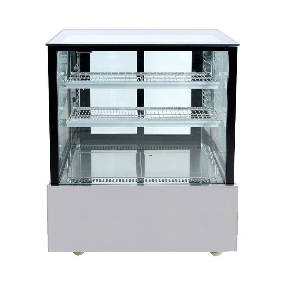 <p>Black Trim Square Glass Cake Display 2 Shelves</p>