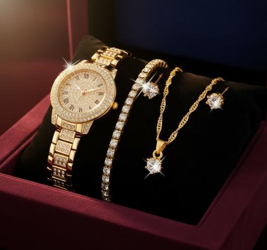 6-Piece Set.Watch, Necklace, Bracelet, Ring & Earrings(Gift Box Included)