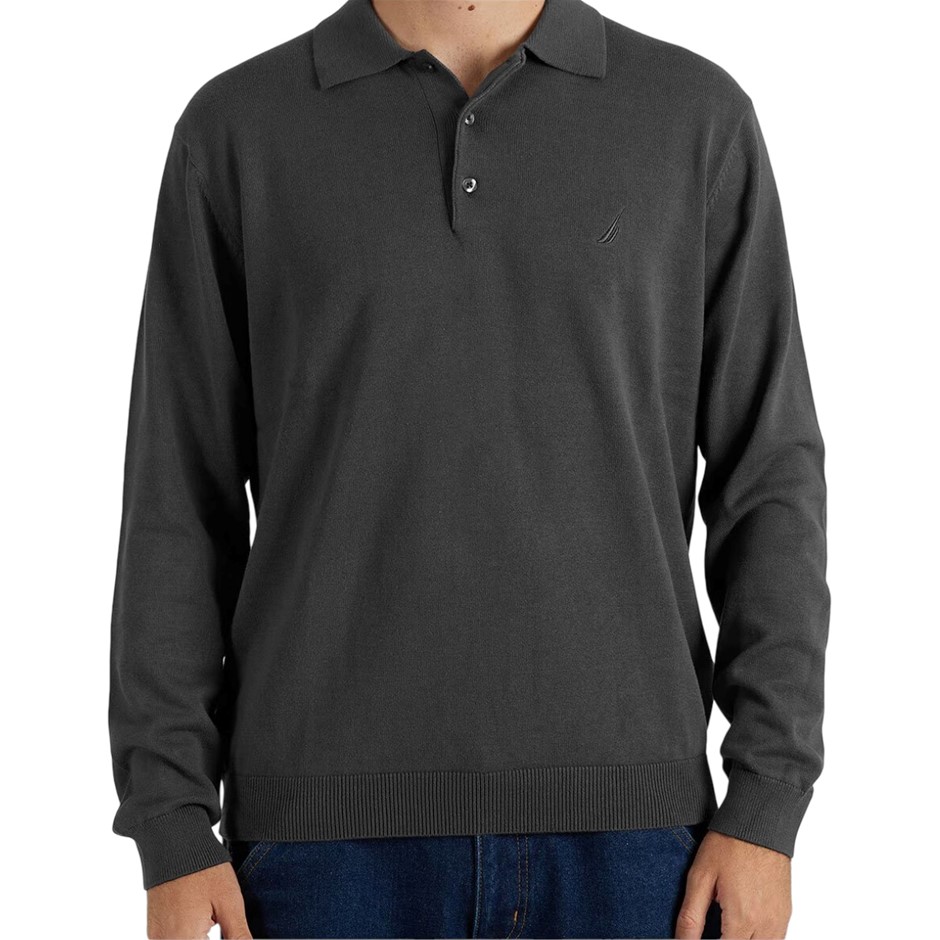 NAUTICA Men's Long Sleeve Knit Polo, Size L, 100% Cotton, Charcoal. Buyers