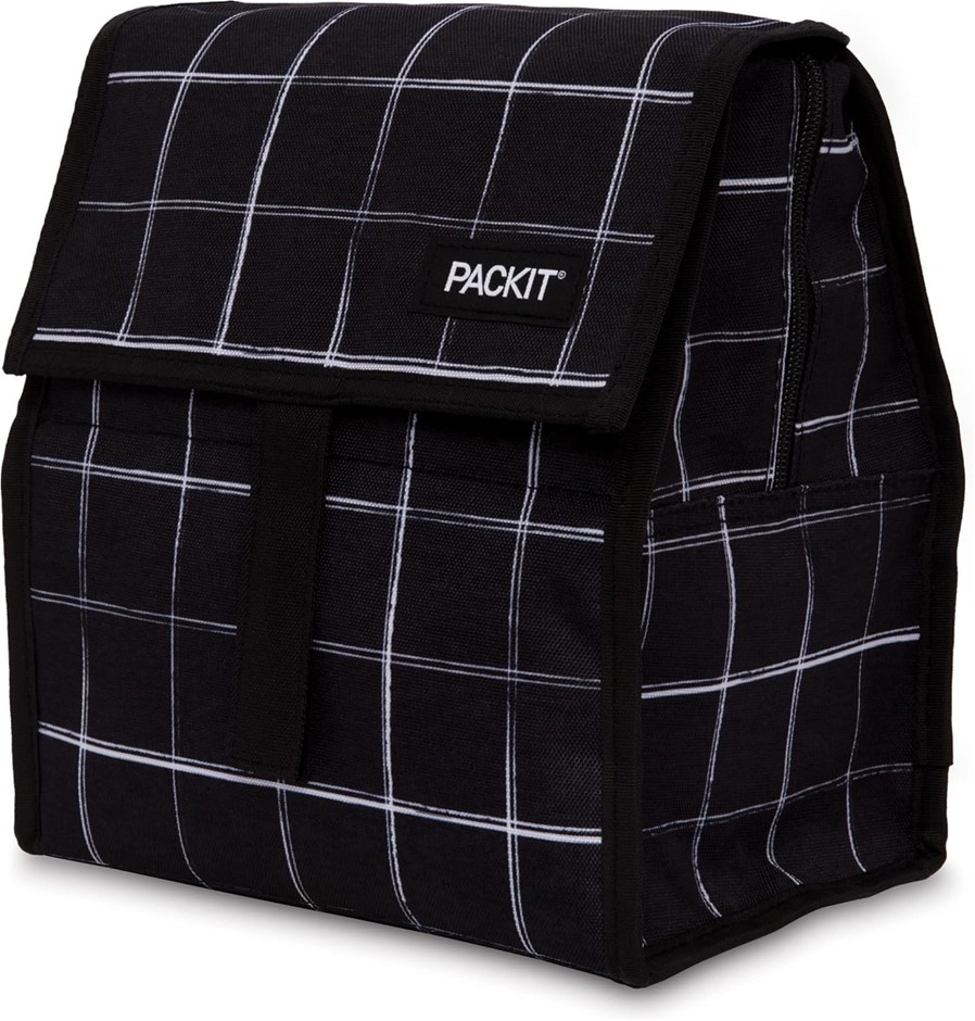 PACKIT Freezable Portable Insulated Lunch Bag Cooler Container Grid Pattern