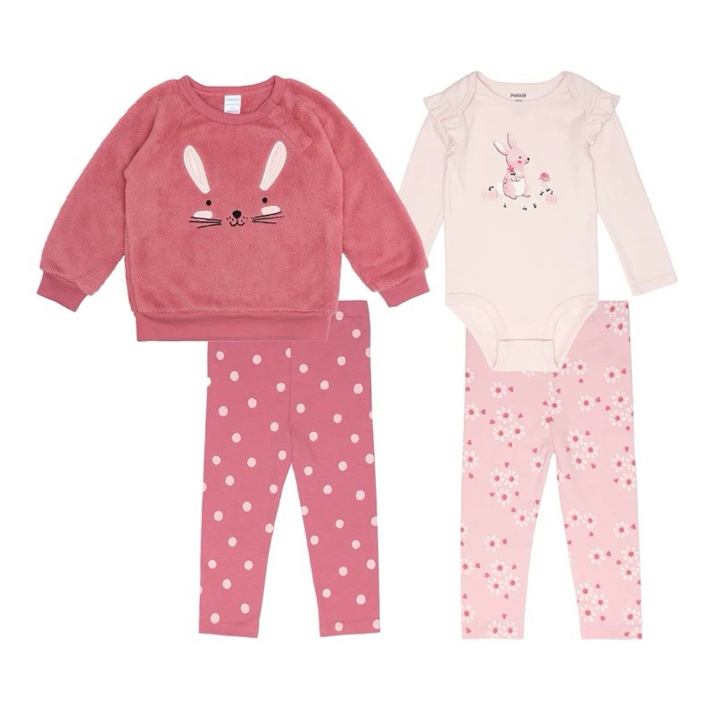 PEKKLE 4pc Infant Set, Size 24M, Plush Top w/ Bodysuit & Pants, Pink Bunny.