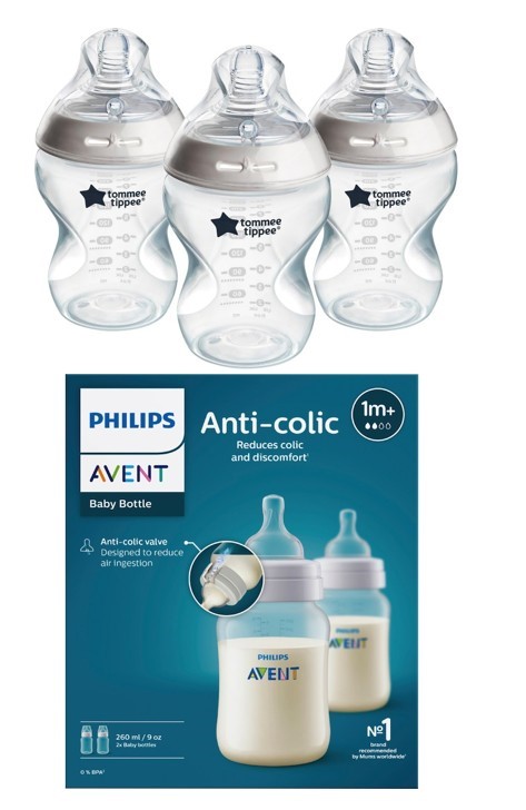 2 X BABY BOTTLES; Pack of 3 Tommee Tippee 260mL, 1 x Philips Avent Anti-Col