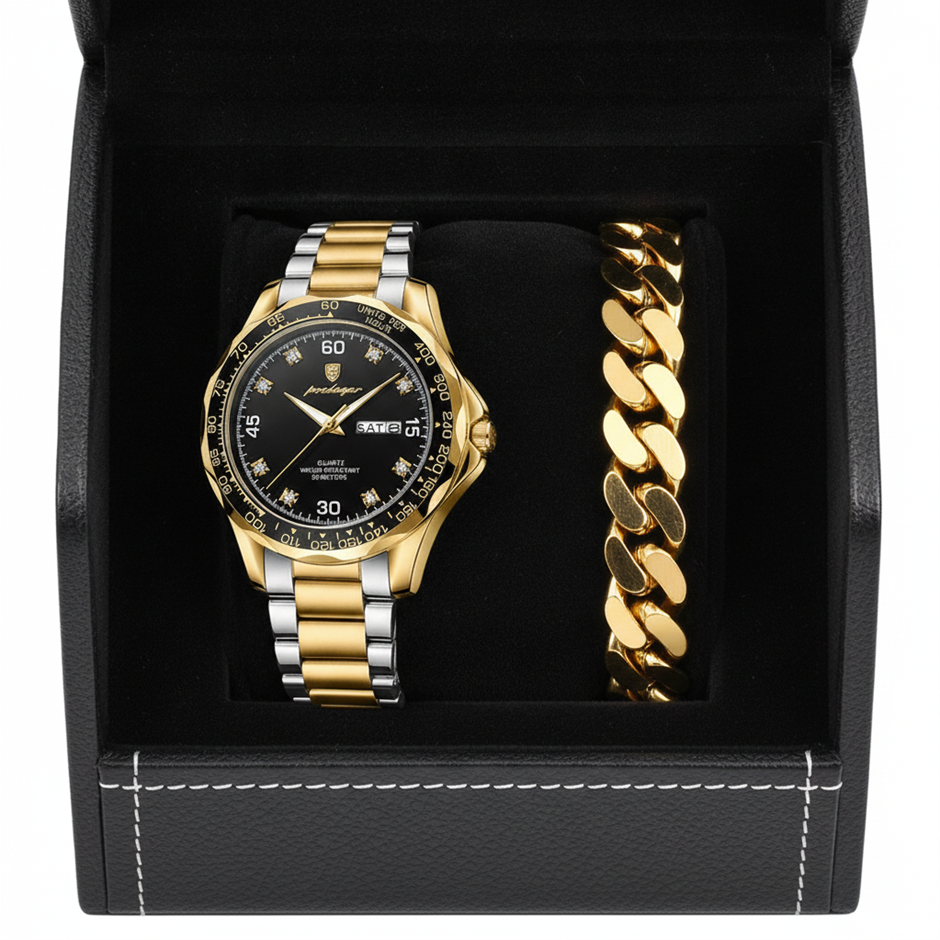 Luxury Poedagar Watch & Cuban Link Bracelet Set with Premium Executive Gift