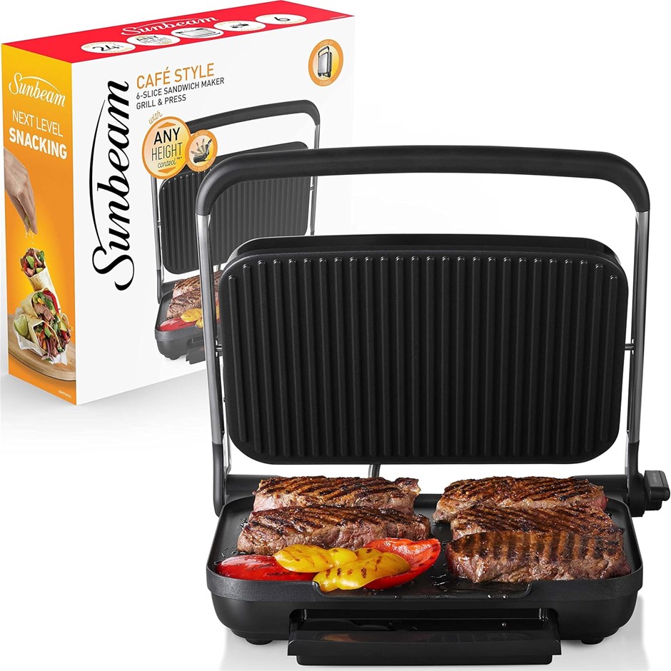 SUNBEAM Compact Cafe Grill with Ribbed Top & Flat Base, 1800W. NB: minor us