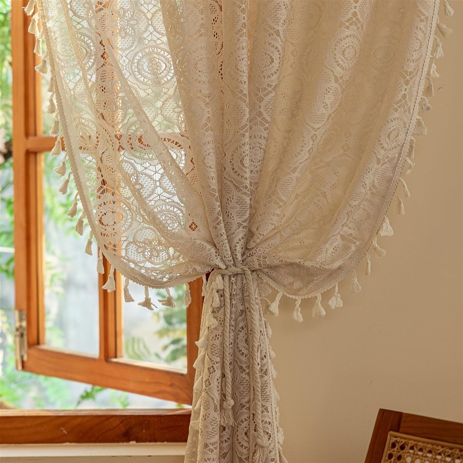 YJ YANJUN Boho Crochet Lace Sheer Curtains with Tassels, Beige, 150 x 160cm