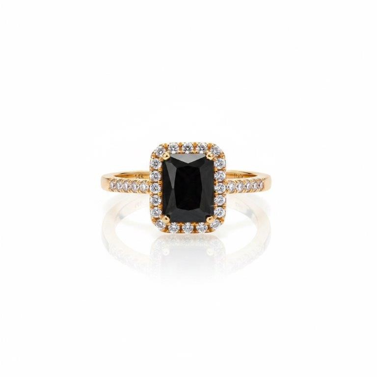 14K/Italy 2.0ct black Emerald Cut Yellow Gold Ring Warranty Quality-6US
