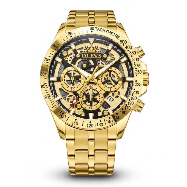 OLEVS Luxury Gold Skeleton Chronograph Watch with Premium Gift Box