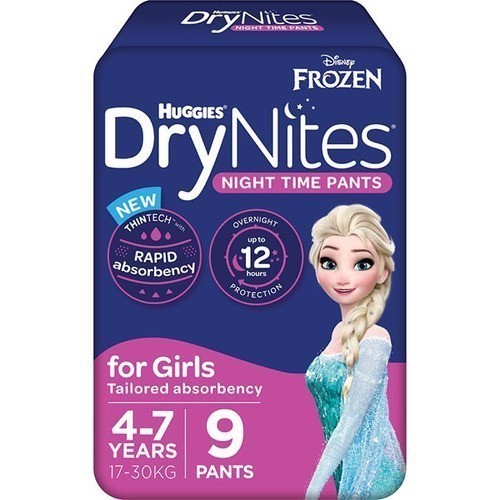 3 x HUGGIES 9pk DryNites Pants, 4-7 Years, 17-30kg, Frozen. N.B: Not in ori