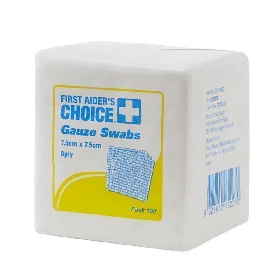 0456-5062744 · Box of 100 Packs FIRST AIDER'S CHOICE Gauze Swabs, 7.5cm x 7.5cm, 8ply (100