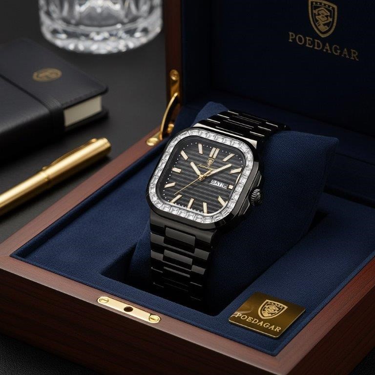 POEDAGAR Men's Black Simulated Diamond Watch with Premium Gift Box