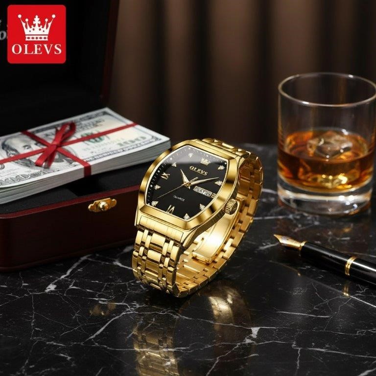OLEVS Men's Gold-Tone Day Date Watch with Gift Box