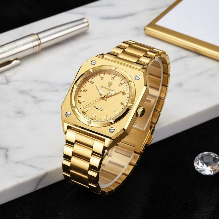 POEDAGAR Men's Gold-Tone Octagonal Quartz Watch with Gift Box
