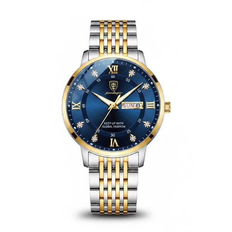 POEDAGAR Men's Two-Tone Blue Dial Quartz Watch with Gift Box – Day Date