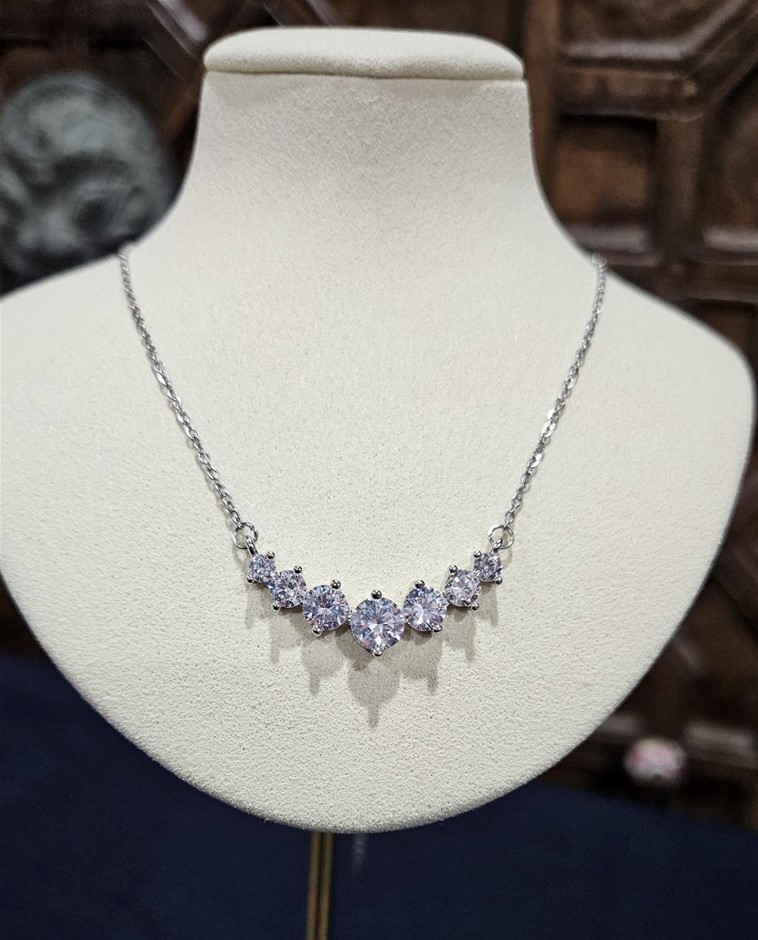 925 Sterling Silver White Stones Necklace-Simulated Diamonds