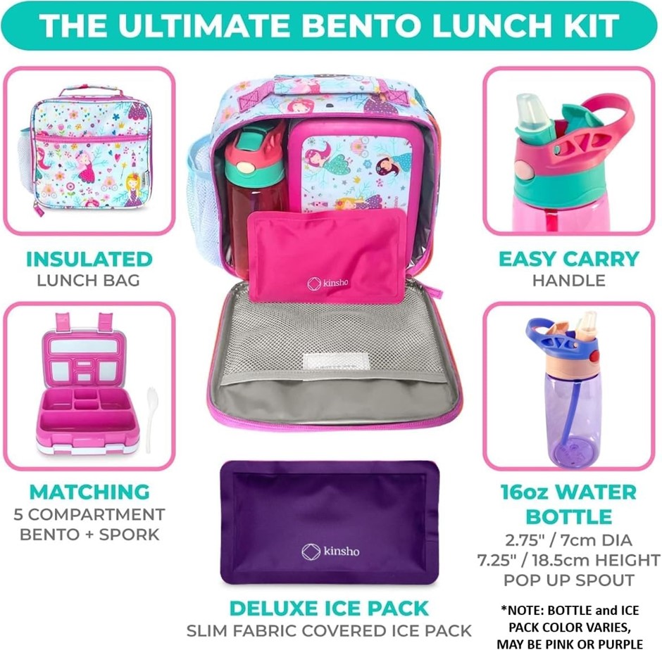 Bento Box, Lunch Bag, Ice Pack Water Bottle Set for Kids - 5 Compartments