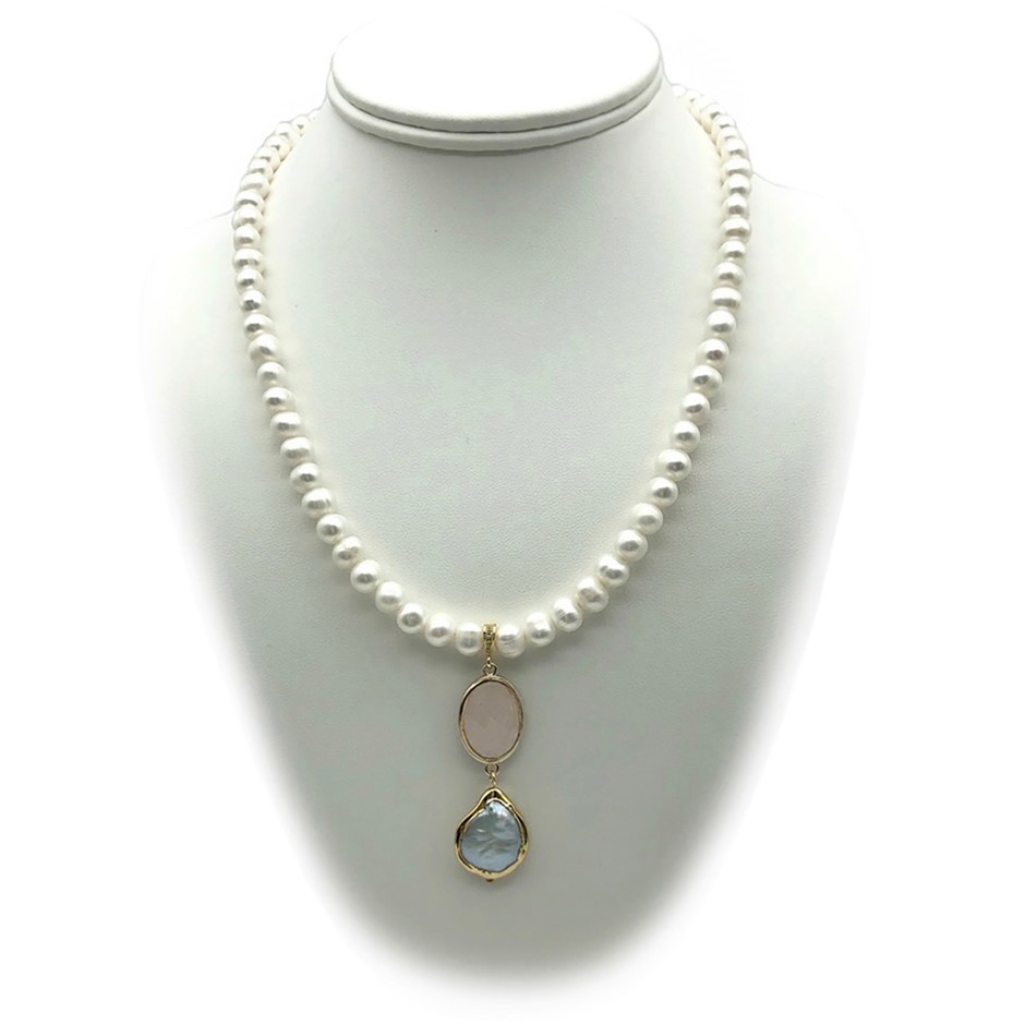 7-8mm Potato & Baroque Pearl Rose Quartz Real 18k Gold Plated Necklace