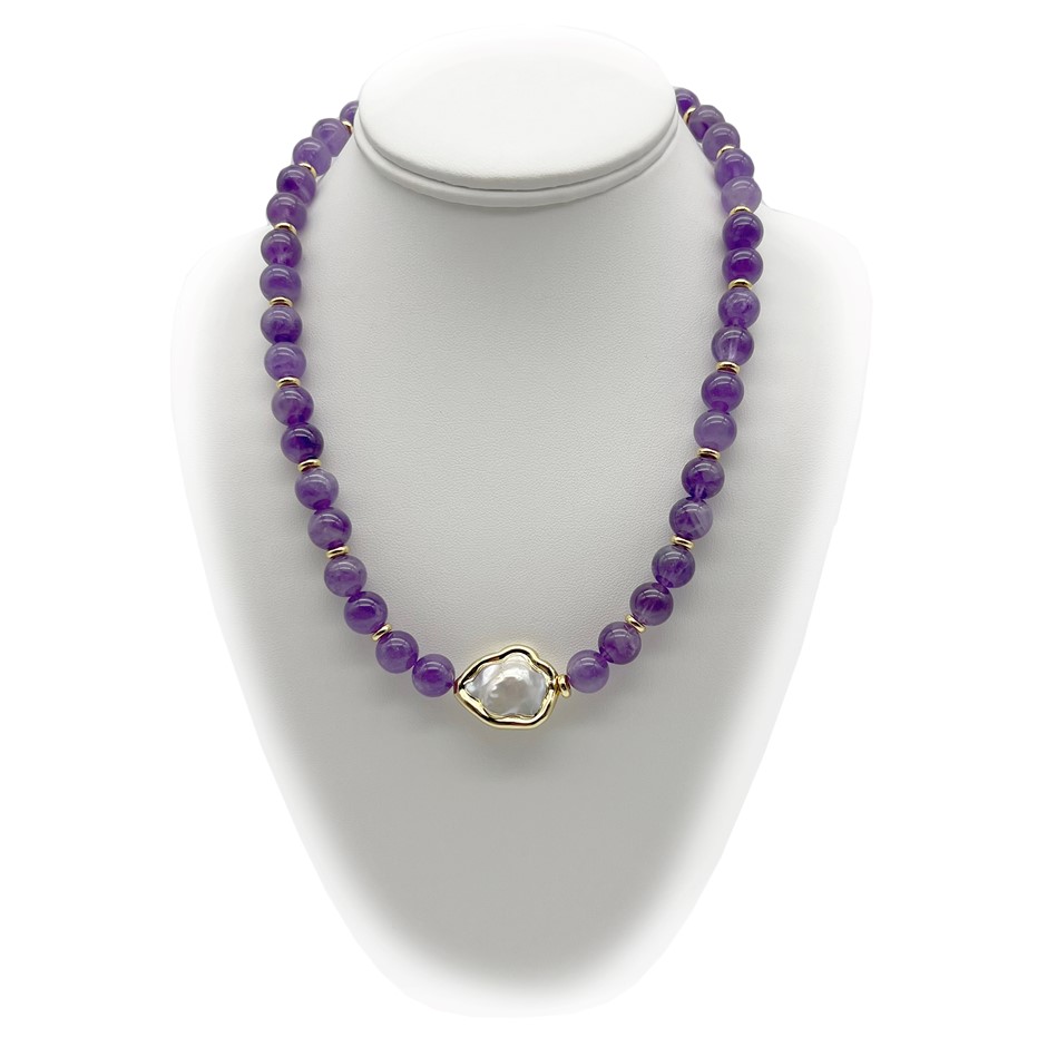 10mm Natural Amethyst & Nugget Pearl with Gold Trim Pendant Necklace