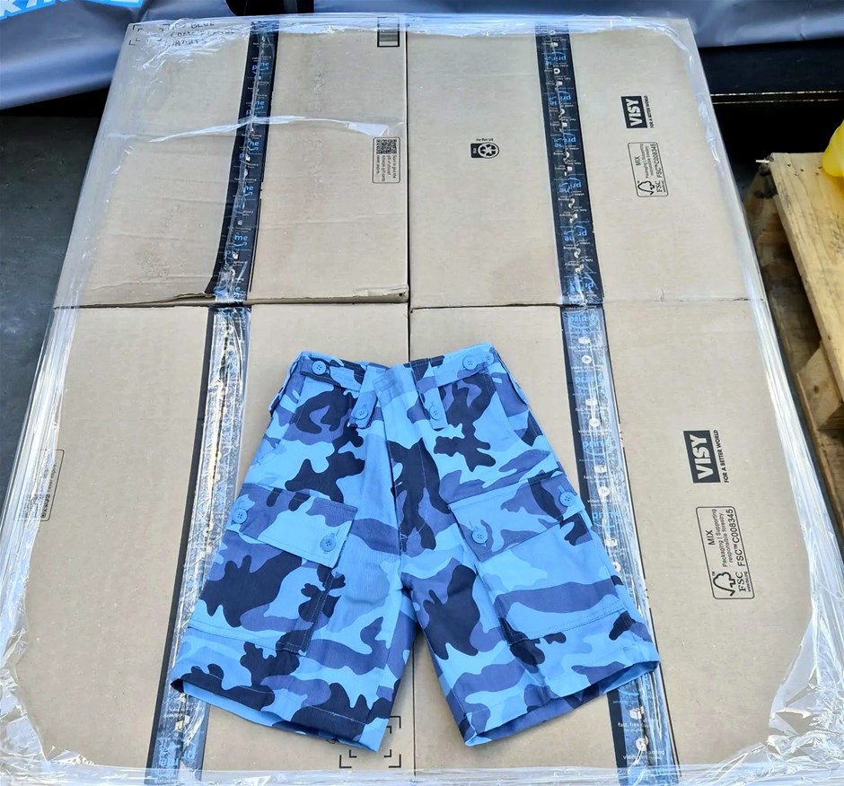 100 x Blue Camouflage Cargo Shorts, Assorted Sizes