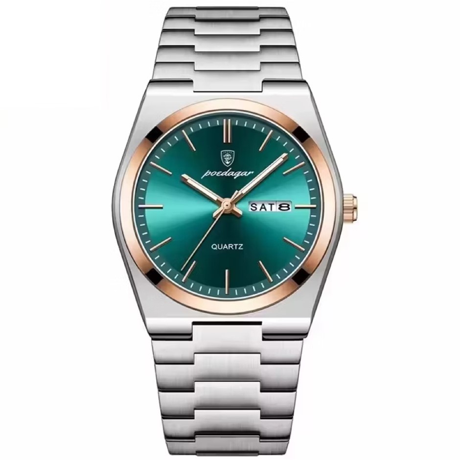 Luxury Quartz Watch Men Stainless Steel Strap, Silver/Rose Gold/Green