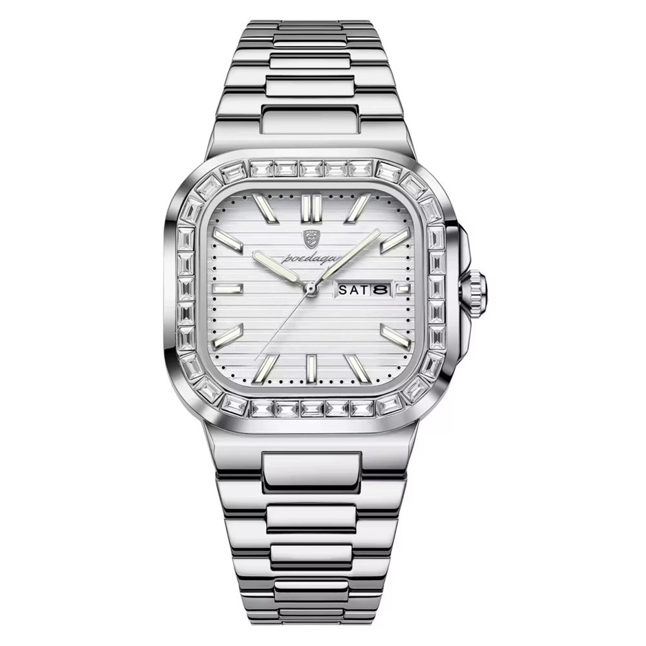 Luxury Men's Quartz Watch Square Face Stainless Steel Band, Silver