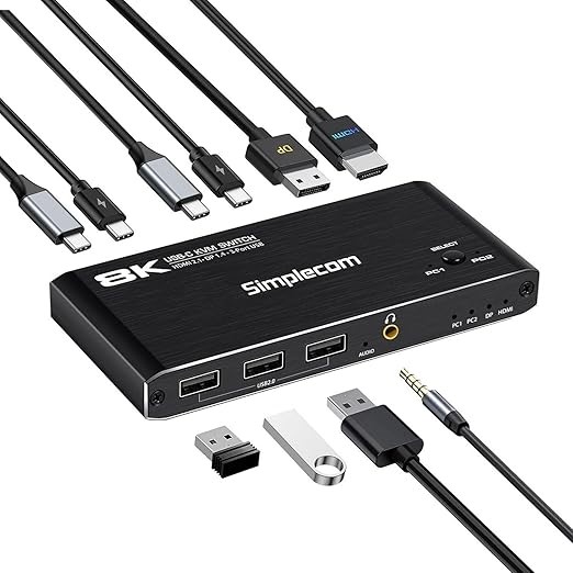 SIMPLECOM KM470 2-Port USB-C KVM Switch 8K Docking Station HDMI 2.1 DP for
