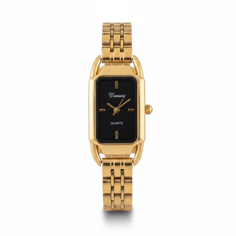 Elegant Gold-Tone Ladies Watch with Black Dial – Gift Box Included