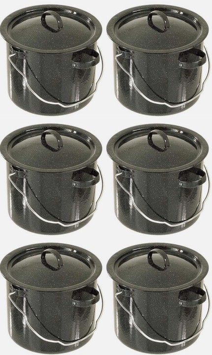 6x Billy 18cm Can Pot Black Enamel Steel Glaze Canister Camp Cooking Brew F