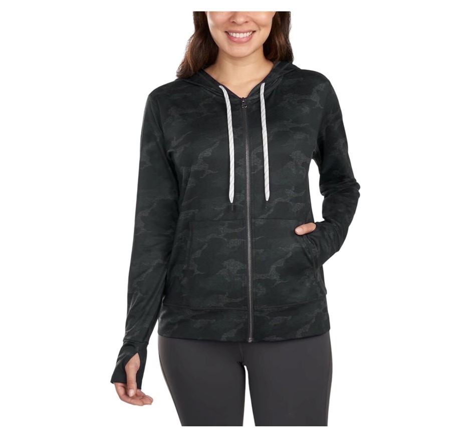 SIGNATURE Women's Lightweight Zip Hoodie, Size L, Black Camo.