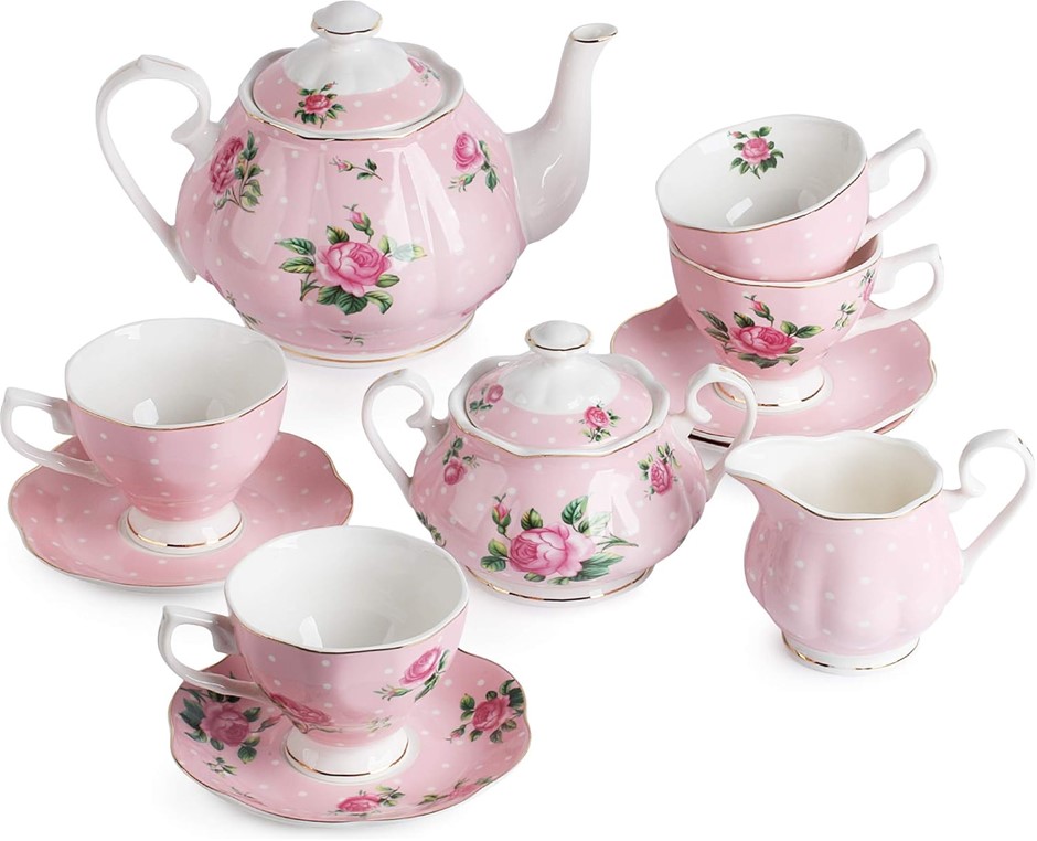 BREW TO A TEA Floral Tea Set, Tea cups (8oz), Tea Pot (38oz), Creamer and S
