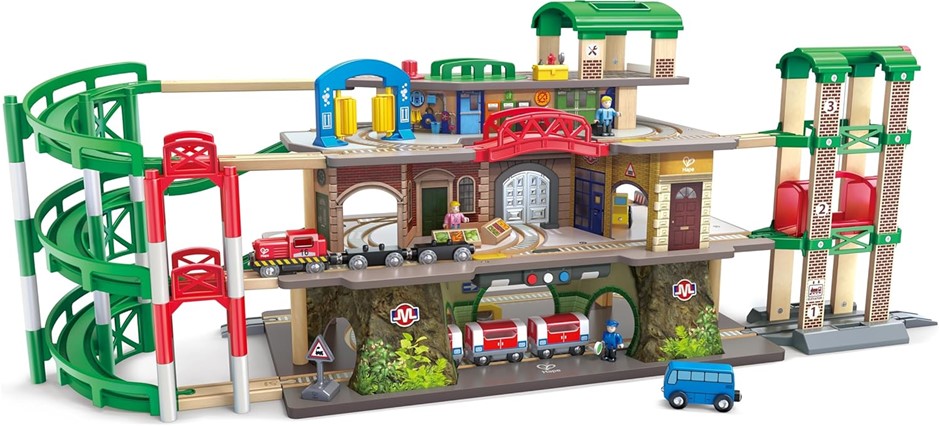 0089-5062777 · HAPE Multi-Level Railway City Set Wooden Urban Train Set with 4 Stories to