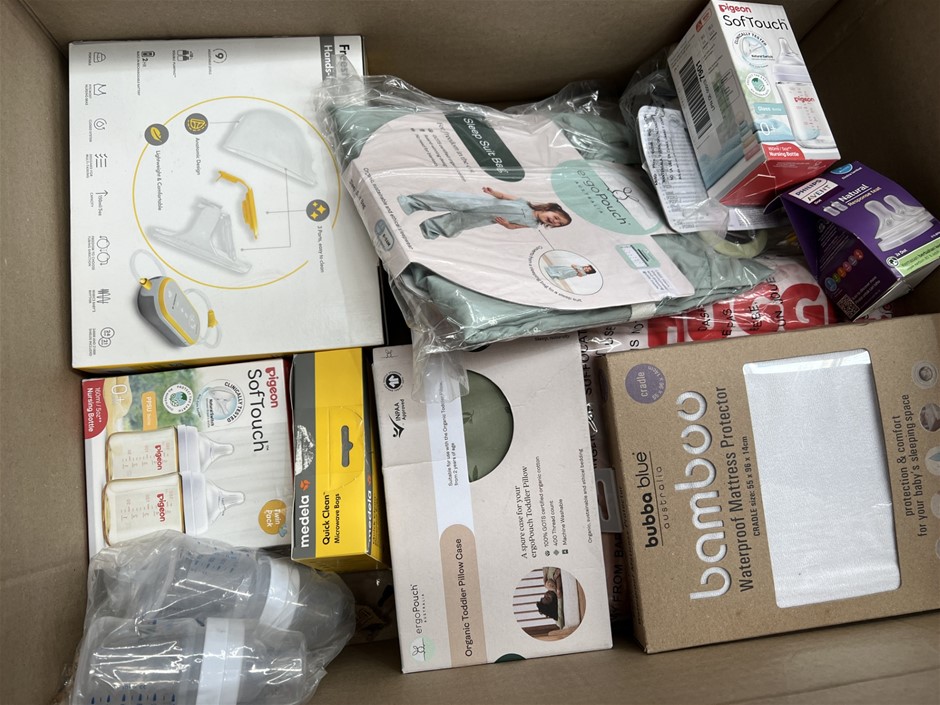 14 x ASSORTED BABY PRODUCTS; Incl. Nappies, Bottles, Pump, Mattress Protect