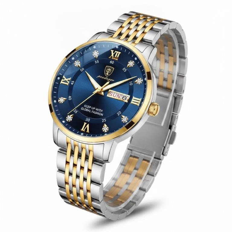 POEDAGAR Men's Two-Tone Blue Dial Quartz Watch with Box – Day Date Display