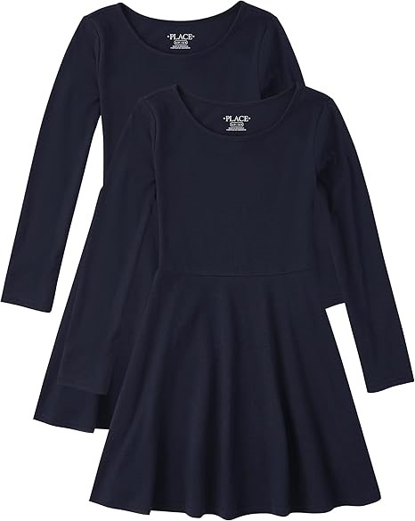 2Pk x THE CHILDREN'S PLACE Girl's Long Sleeve Basic Skater Dress, Size L, T