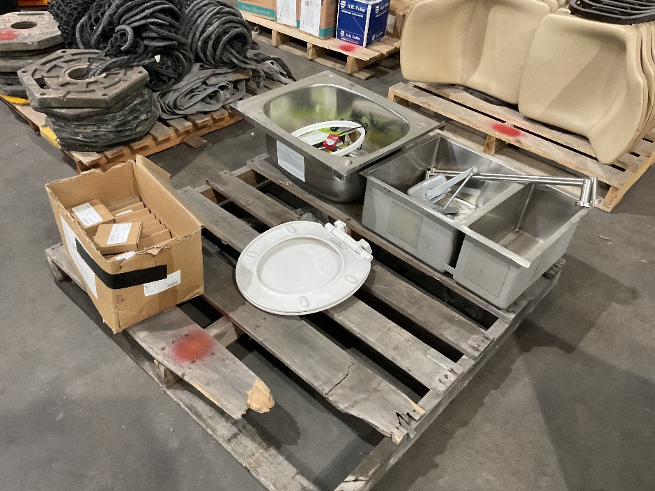 Pallet Of 2x Basins, Toilet Seat & Qty Of Shower Drains
