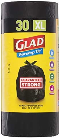 8 x GLAD Roll of 30pc Wavetop Tie Garbage Bags, 100cm x 78cm Size XL, Black