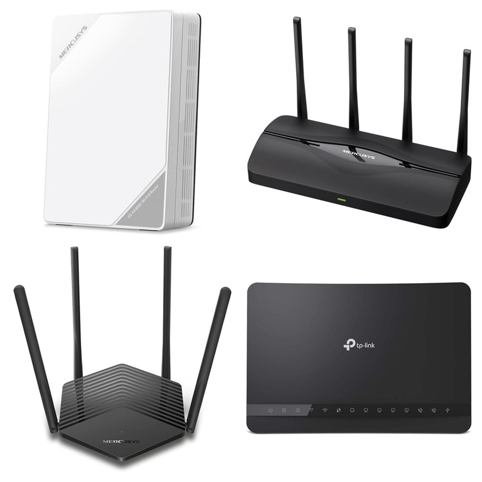 4 x Routers. 1 x MERCUSYS 5G AX3000 Wireless Dual Band Router (MB520-5G). 1