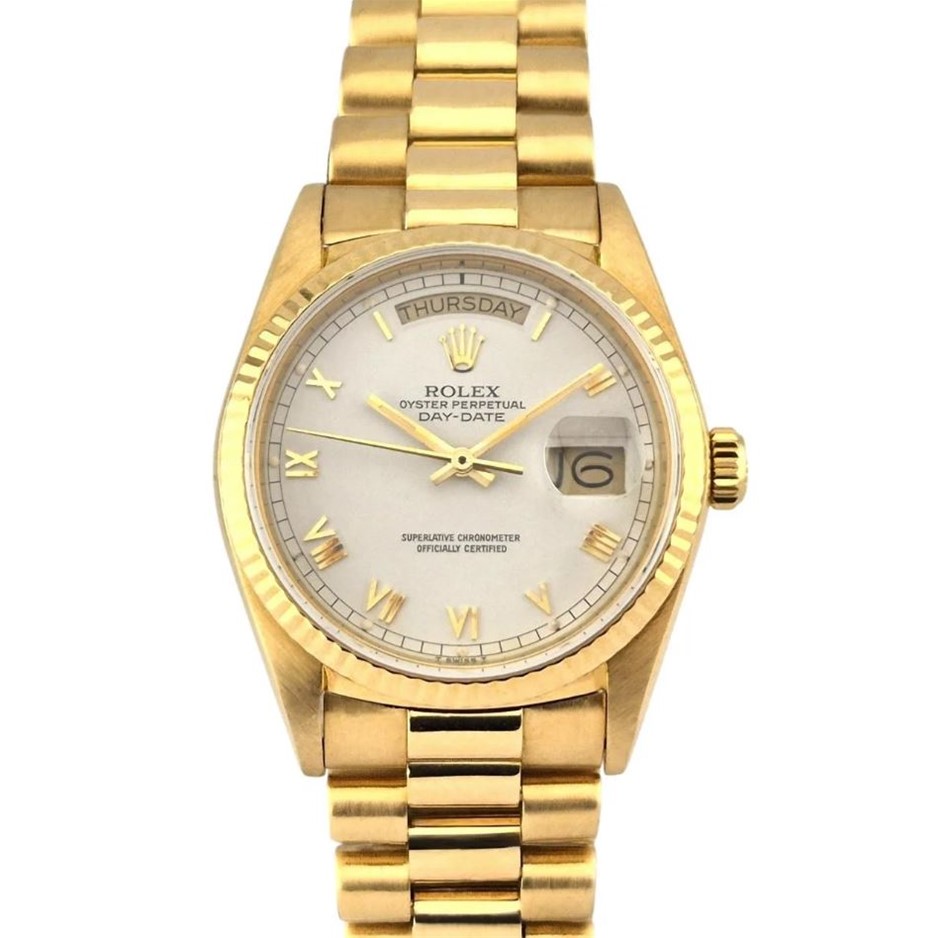 0013-2584535 · ROLEX DAYDATE 36MM 18K YELLOW GOLD WHITE ROMAN DIAL 18038 BXP & COA