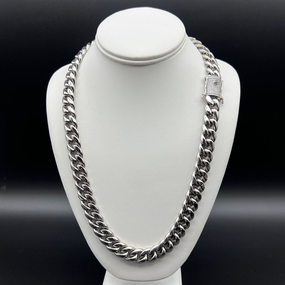 Silver-Filled Cuban Necklace AAA Cubic Zirconia Clasp, 14MM - 60.9cm
